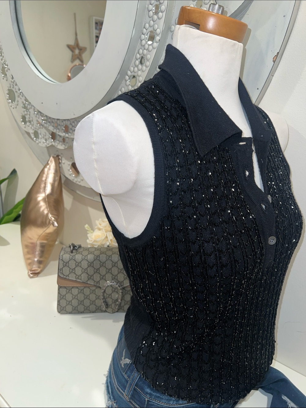 Banana Republic Black Beaded Knit Sleeveless Polo Top - Picture 5 of 7